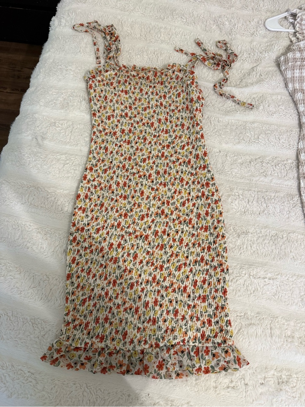 Smocked Floral Midi Dress with Tie Straps - Cream/Orange
